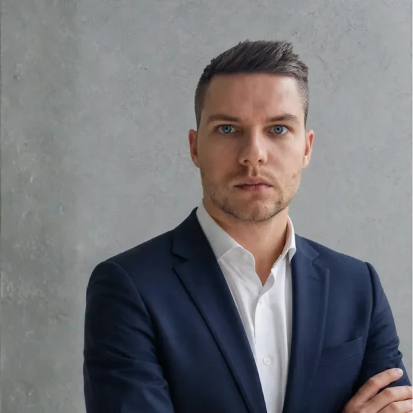 Portrait of a man in a navy suit and white shirt against a gray textured wall.